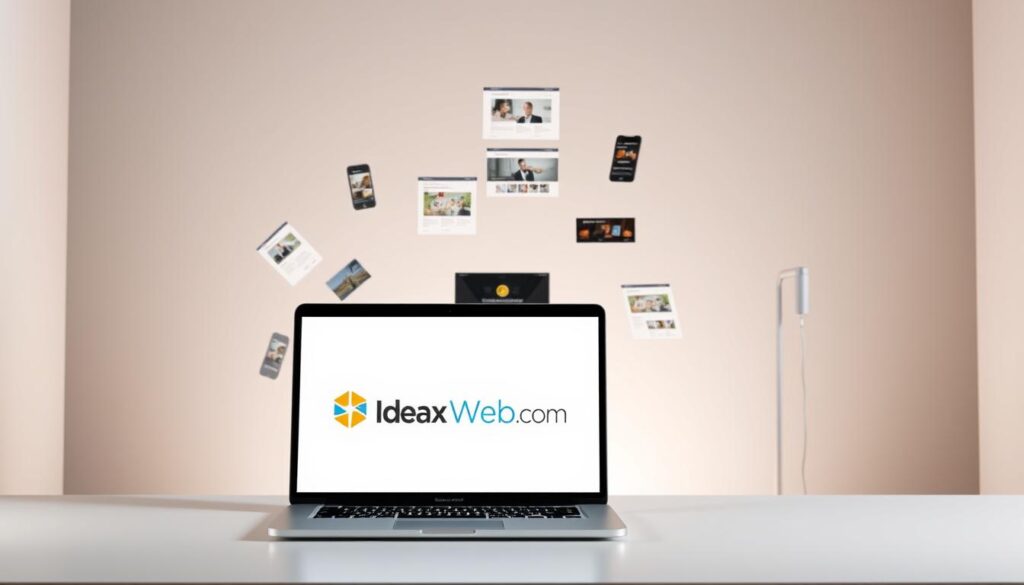 A striking website showcase set against a sleek, minimalist background. In the foreground, a laptop screen displays the IdeaxWeb.com logo, its clean lines and modern typography conveying a sense of professionalism and expertise. The laptop is positioned on a simple, uncluttered desk, lit by a soft, indirect light source that creates a warm, inviting atmosphere. In the middle ground, various website mockups and design elements float effortlessly, hinting at the versatility and attention to detail that IdeaxWeb.com brings to its web development services. The background is a subtle gradient, allowing the focal point to shine while maintaining a sense of depth and visual interest. The overall composition suggests the seamless integration of aesthetics and functionality that defines a truly professional website.