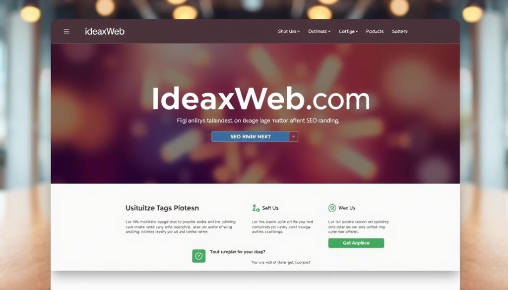 A stunning, high-quality landing page featuring the IdeaxWeb.com brand name. A sleek, minimalist design with a hero section showcasing a vibrant, optimized hero image. The middle ground features clean, well-organized sections with SEO-focused content and CTA buttons. The background has a subtle, blurred bokeh effect, creating a professional, polished atmosphere. Warm, directional lighting illuminates the page, guiding the viewer's eye. Shot with a wide-angle lens to capture the entire layout, the perspective provides an immersive, detailed view. Overall, a visually captivating, conversion-focused landing page that embodies successful SEO optimization.