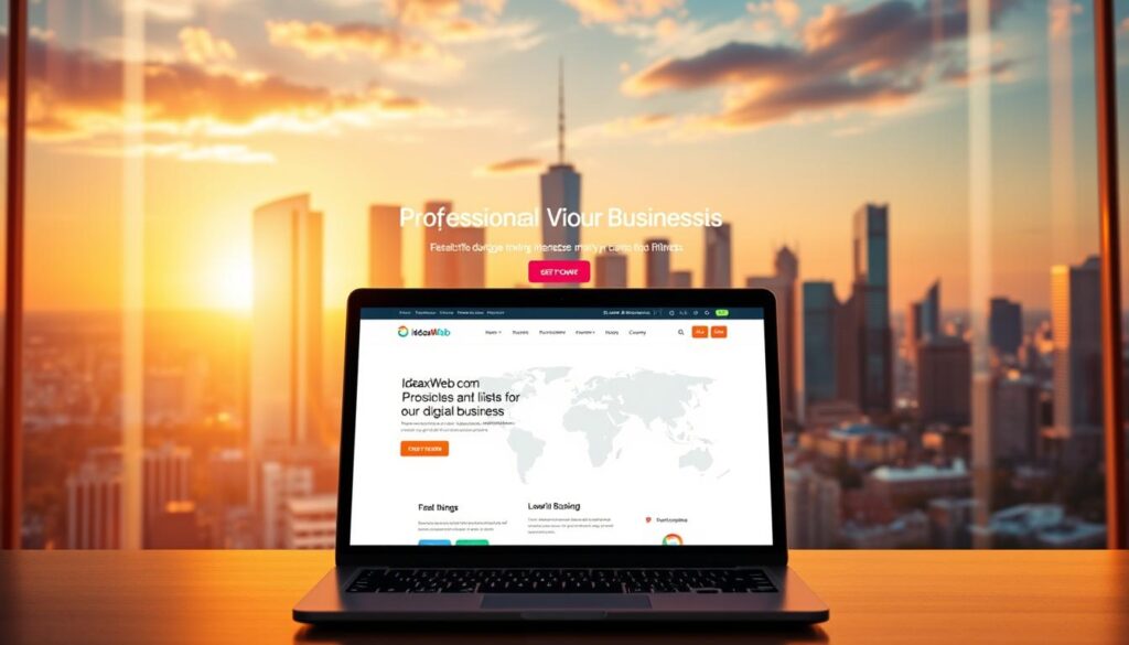 A vibrant and modern website design for a digital business, showcasing a sleek IdeaxWeb.com homepage. In the foreground, a laptop displays the website's user-friendly interface, with clean typography and intuitive navigation. The middle ground features a stylized world map, symbolizing the global reach of the online business. In the background, a cityscape with towering skyscrapers and a glowing sunset sky, conveying the dynamism and growth potential of the digital landscape. The scene is bathed in warm, golden lighting, creating a sense of professionalism and success. The overall composition emphasizes the critical role a professional website plays in establishing a strong online presence and driving business growth in the digital era.