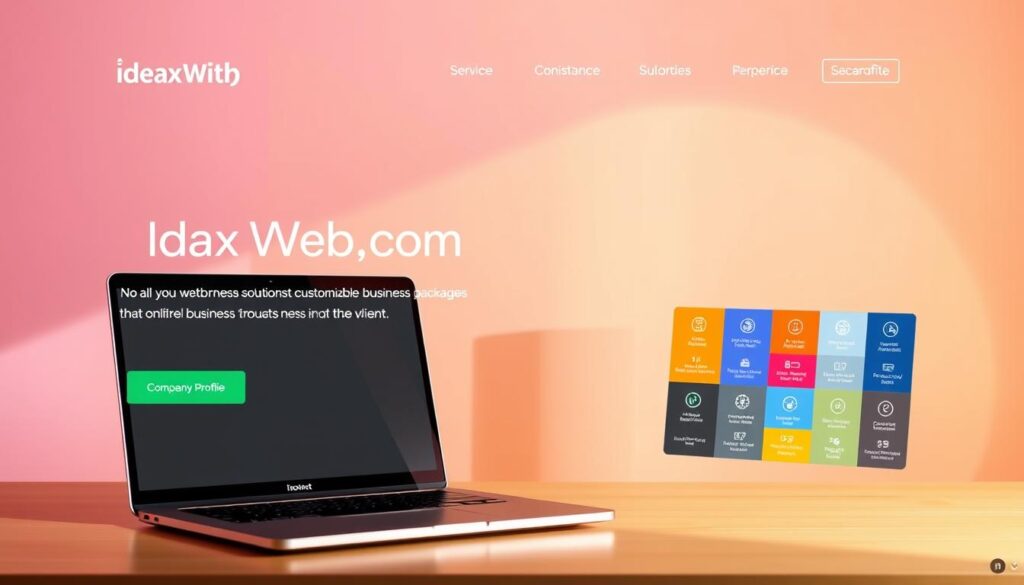 A vibrant and modern website layout for IdeaxWeb.com, showcasing a range of customizable business packages. In the foreground, a sleek laptop display presents a professional company profile, with clean typography and streamlined navigation. The middle ground features a grid of service icons, each representing a tailored solution. In the background, a soft, gradient-filled backdrop provides a sense of sophistication and flexibility, hinting at the adaptability of the packages on offer. Gentle lighting casts a warm, inviting glow, creating an atmosphere of trustworthiness and professionalism. The overall composition conveys the message of IdeaxWeb.com's ability to deliver bespoke website solutions that cater to the unique needs of each client.