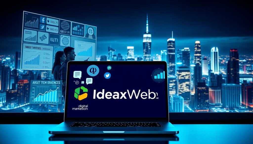 A vibrant digital landscape depicting the effective strategies of modern digital marketing. In the foreground, a sleek laptop displays a stylized IdeaxWeb.com logo, surrounded by a collage of analytics charts, social media icons, and targeted ad campaigns. The middle ground features a team of digital marketing experts collaborating, their faces illuminated by the glow of multiple screens. In the background, a cityscape of skyscrapers and tech hubs, symbolizing the global reach and impact of well-executed digital marketing. The scene is bathed in a cool, blue-tinted lighting, conveying a sense of cutting-edge innovation and technological prowess. The overall mood is one of efficiency, collaboration, and the power of data-driven digital strategies.