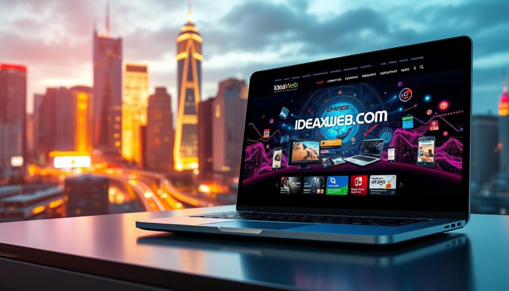A vibrant digital marketing campaign unfolds on a sleek website, showcasing the IdeaxWeb.com brand. In the foreground, a stylized laptop screen displays captivating visuals and interactive content, enticing viewers. The middle ground features an array of digital devices, from smartphones to tablets, all seamlessly integrated into the promotional strategy. In the background, a dynamic cityscape with towering skyscrapers and vibrant neon lights sets the stage for a modern, tech-savvy atmosphere. Subtle lighting casts a warm, inviting glow, while a sense of movement and energy permeates the scene, capturing the essence of strategic digital promotion.