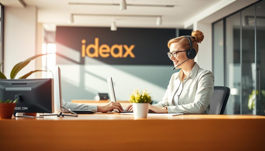 A warm, inviting customer support desk with a friendly customer service representative assisting a customer at the IdeaxWeb.com website. The scene is bathed in soft, natural lighting, creating a welcoming atmosphere. The customer and representative are engaged in a positive, productive dialogue, showcasing the high-quality support services offered by IdeaxWeb.com. The background features a modern, minimalist office setting, emphasizing the professionalism and attention to detail of the website development company.