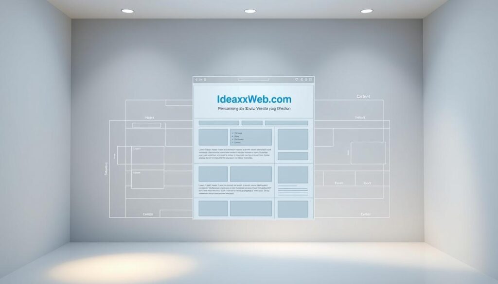An architectural wireframe diagram showcasing the structure of a professional website, with clean lines, geometric shapes, and a color palette of blues, grays, and whites. The layout features a central hero section, intuitive navigation, content blocks, and footer elements, all within a responsive grid system. The scene is illuminated by soft, directional lighting, conveying a sense of balance and functionality. The website brand name 