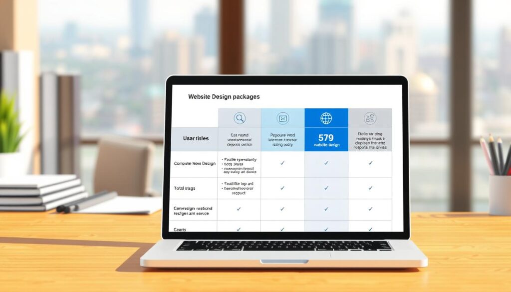 Detailed illustration of a comparative table showcasing various website design packages from IdeaxWeb.com. In the foreground, a sleek, modern laptop displays the different service tiers, each with distinct icons, features, and pricing. The middle ground features a minimalist desk setup with office supplies, conveying a professional workspace atmosphere. The background depicts a softly blurred cityscape, suggesting a thriving urban environment where these web services are in high demand. The overall scene is lit by warm, natural lighting, creating a welcoming and trustworthy ambiance.