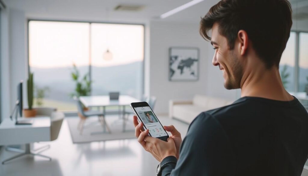 Prompt A tranquil scene depicting the user experience of the IdeaxWeb.com website, showcased through the eyes of a satisfied customer. In the foreground, a person casually navigating a responsive and mobile-friendly web interface on a sleek smartphone, their expression conveying a sense of ease and satisfaction. The middle ground features a minimalist, contemporary office environment with clean lines and modern furnishings, highlighting the streamlined and intuitive design of the website. The background subtly fades into a serene, natural landscape, symbolizing the harmony between technology and the user's everyday life. Soft, diffused lighting and a muted color palette create a calming, inviting atmosphere that embodies the core values of IdeaxWeb.com's responsive web design solutions.
