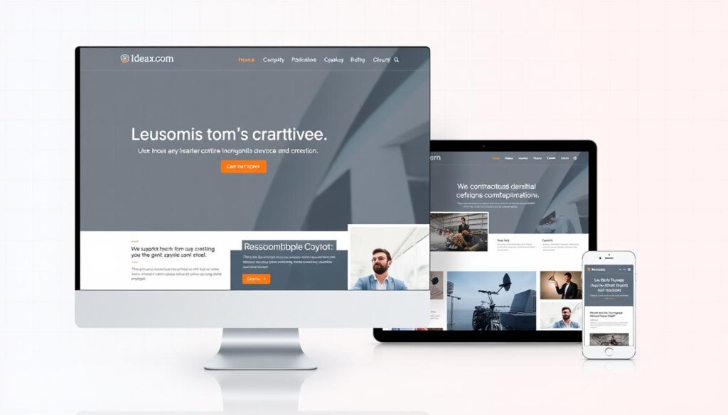 Responsive website design showcasing IdeaxWeb.com's expertise. A sleek and modern interface with clean lines, intuitive navigation, and adaptive layout that seamlessly adjusts to various devices and screen sizes. The foreground features an eye-catching hero section, highlighting key features and a call-to-action. The middle ground showcases responsive behavior through smooth transitions and dynamic content rearrangement. In the background, a minimalist grid pattern and soft gradients create a visually appealing and professional atmosphere, emphasizing the website's responsiveness and user-centric design.